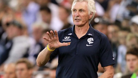 Carlton's coach Mick Malthouse on the sideline at Etihad Stadium.