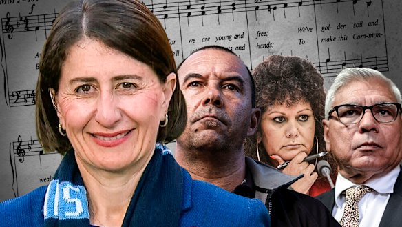 Indigenous leaders have backed Gladys Berejiklian's push for a change to the national anthem. Also pictured are the chief executive of the Metropolitan Local Aboriginal Land Council, Nathan Moran; Federal Labor Senator Malarndirri McCarthy; and former chairman of the Indigenous Advisory Council Warren Mundine.