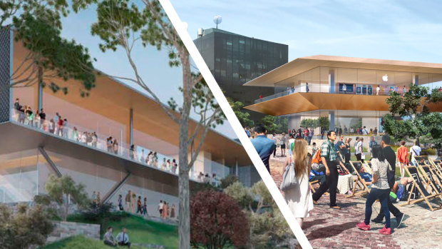 Apple has released a new design for its Federation Square flagship store (left) after the original design (right).