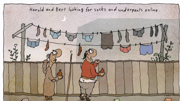 Harold and Bert looking for socks and underpants online. Illustration: Michael Leunig