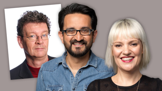Former ABC Melbourne breakfast host Red Symons, left, and new presenters Sami Shah and Jacinta Parsons.