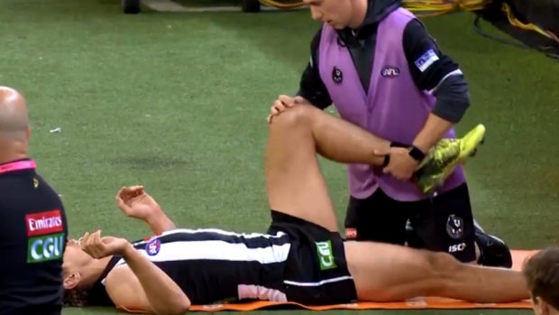 Collingwood's Chris Mayne went down injured in his milestone 200th AFL game against the Western Bulldogs.