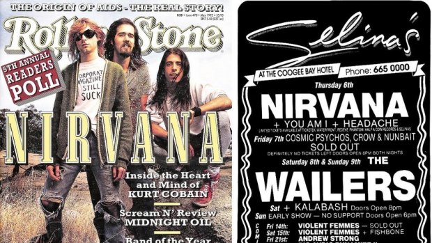 Nirvana on the cover of Rolling Stone in May 1992 and, right, a poster promoting Nirvana (supported by You Am I) at Selina’s at the Coogee Bay Hotel in Sydney in February 1992.