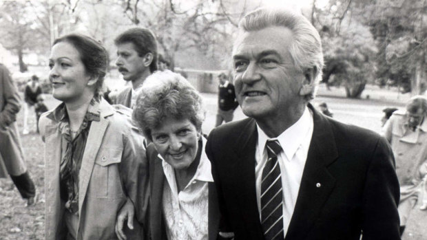 Rosslyn, Hazel and Bob Hawke leave a press conference in 1987.