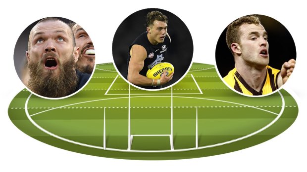 Ruck division: Max Gawn, Patrick Cripps and Tom Mitchell.