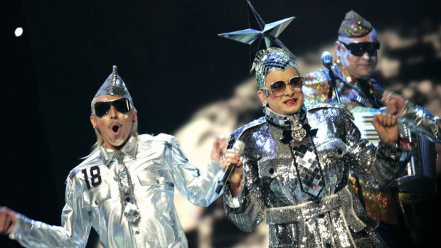 Ukraine's Verka Serduchka performs the during the final of the very camp Eurovision Song Contest in 2007.