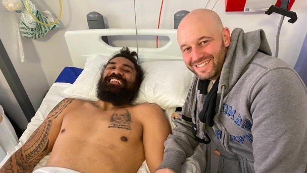 NRL chief executive Todd Greenberg visits Mose Masoe at Pinderfields Hospital in Wakefield.