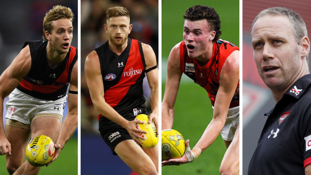 Darcy Parish, Jayden Laverde, Nik Cox and Essendon coach Ben Rutten.