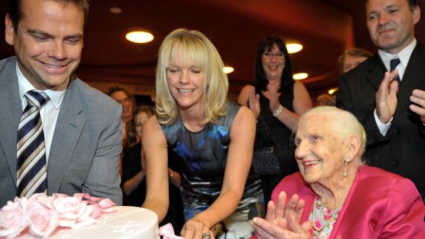 Elisabeth Murdoch with her grandmother Dame Elisabeth and brother Lachlan in 2012. 