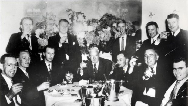 The Special Duties Gaming Branch celebrate an early raid. Mick Miller is seated third from the left. Fred is opposite him.