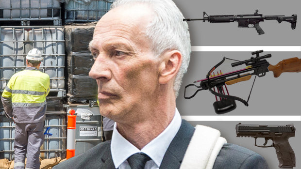 Accused toxic dumper Graham Leslie White was found with a cache of loaded illegal weapons and an armoured personnel carrier in his backyard.
