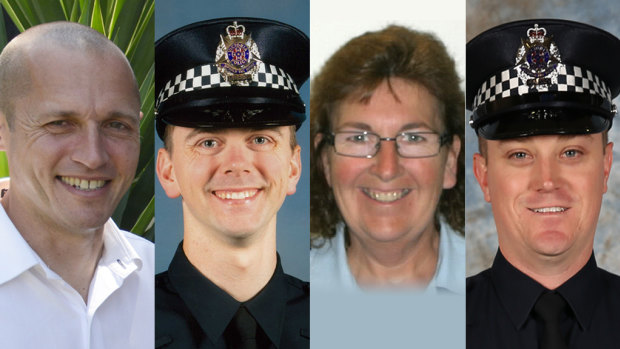 Senior Constable Kevin King (left), Constable Josh Prestney, Leading Senior Constable Lynette Taylor and Constable Glen Humphris were killed on the Eastern Freeway in 2020.