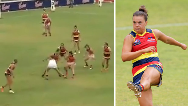 Crows player Ebony Marinoff (right) has had her three-match ban for this incident against the Giants overturned.
