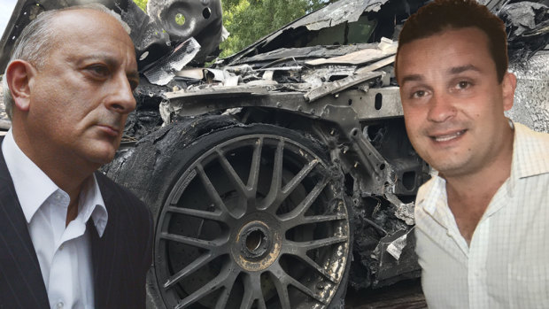 Bill Jordanou (left), Nick Bochrinis and the Mercedes that was torched at Mr Bochrinis'  Alphington home. 