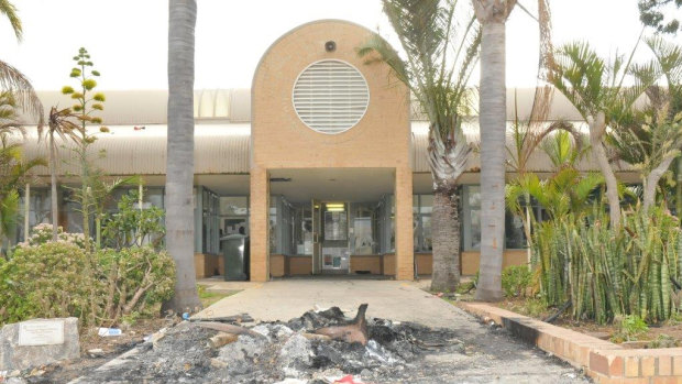 The entrance to the prison after the riot.