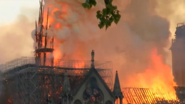 The spire of the Notre Dame cathedral in flames in April 2019.