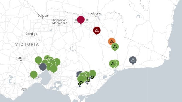 Air quality ratings throughout Victoria on Sunday. Green = good, Red = very poor, Black = hazardous