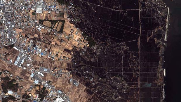 A satellite image of the damage inland of Minamisoma in Fukushima, taken on March 12, 2011.