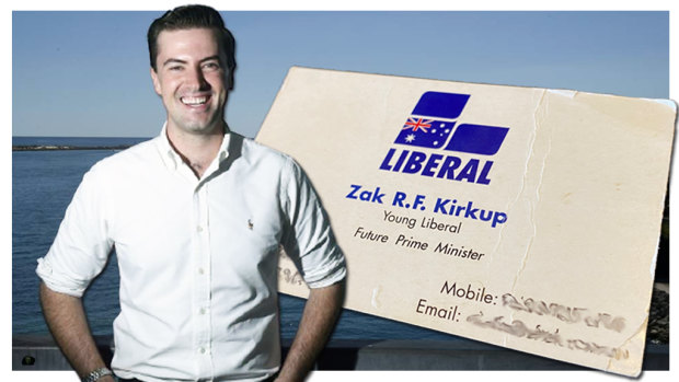 The business card WA Liberal leadership contender Zak Kirkup mailed to Gary Adshead as a teenager after handing one like it to then Prime Minister John Howard in the early 2000s.