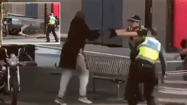 The moment the rookie policeman shot Bourke Street terrorist Hassan Khalif Shire Ali.