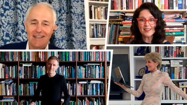Clockwise from top left, Malcolm Turnbull, Annabel Crabb, Julie Bishop and Gideon Haigh show off their bookshelves.