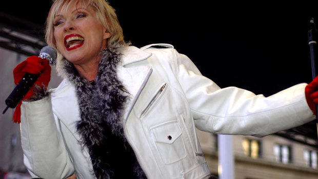 Debbie Harry, lead singer for the band Blondie, sings during a free concert in New York on Tuesday, April 6, 2004. Blondie today released their new album 'The Curse of Blondie,' the band's first studio album in five years.