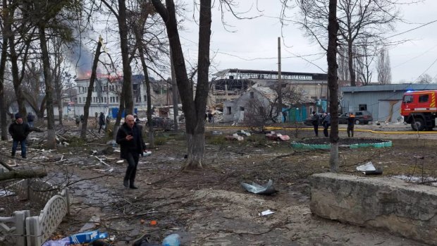 An image shared by Ukrainian government adviser Anton Gerashchenko of Novobavarskiy Avenue in Kharkiv after a Russian air strike on a residential building which killed five people.
