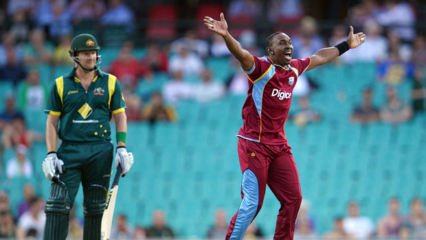 West Indian bowler Dwayne Bravo (R) appeals for a decision against Australian batsman Shane Watson (L) in their one-day cricket international played at the Sydney Cricket Ground.