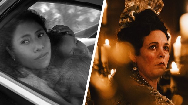 Roma (left) and The Favourite lead the Oscars race with 10 nominations each.