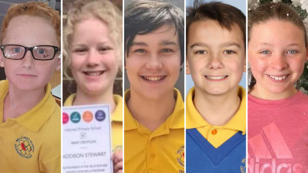 The children who died in the Devonport primary school tragedy: Peter Dodt, Addison Stewart, Zane Mellor, Jye Sheehan, and Jalailah Jayne-Maree Jones. 