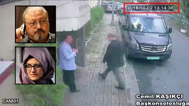 Jamal Khashoggi walking into the Saudi consulate in Istanbul. Inset: Khashoggi and his fiancee Hatice Cengiz