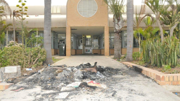 The entrance to the prison after the riot.