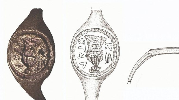 Views and cross-section of a finger ring that may have belonged to Pontius Pilate. Drawing by J. Rodman; Photo by C. Amit, of  Hebrew University.