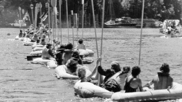 Demonstrators line up their rubber rafts across the Gordon River near the proposed Franklin River dam site in 1982.