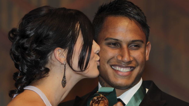 Ben Barba, winner of 2012 Dally M. medal being kissed by his wife Ainslie Currie.