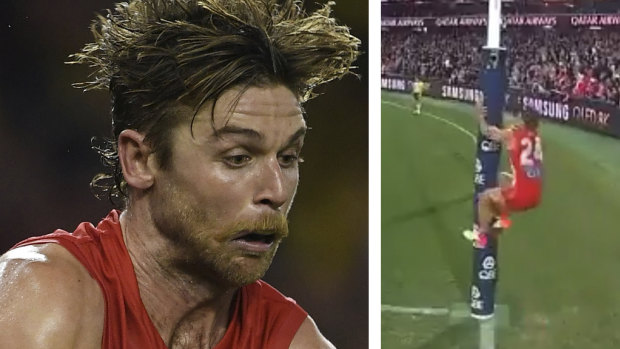 Controversy: Sydney's five-point win over Essendon has been overshadowed by Dane Rampe's actions as David Myers lined up for an after-the-siren shot on goal.