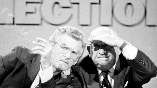 Leader of the ACTU, Bob Hawke (left) and former Victorian Premier Sir Henry Bolte, sit on the Channel Ten panel in the Melbourne tally room during the Victorian State election..