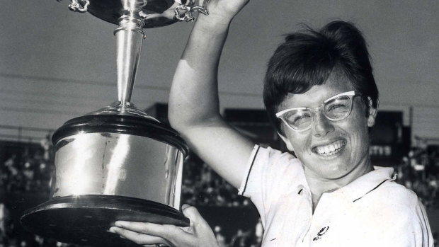 Billie Jean King after beating Margaret Court to win the Australian Women's Singles Tennis Championship in 1968.
