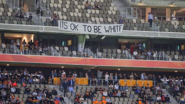 The controversial banner during the Perth Scorchers match at Optus Stadium on Thursday night.