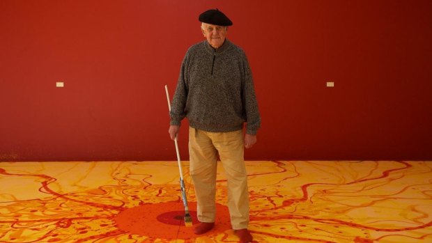 John Olsen working on a mural at his Southern Highlands home in 2013.