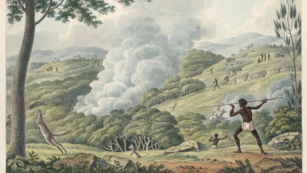 Historical perspective: First Australians using fire to hunt kangaroos, by Joseph Lycett, 1817.