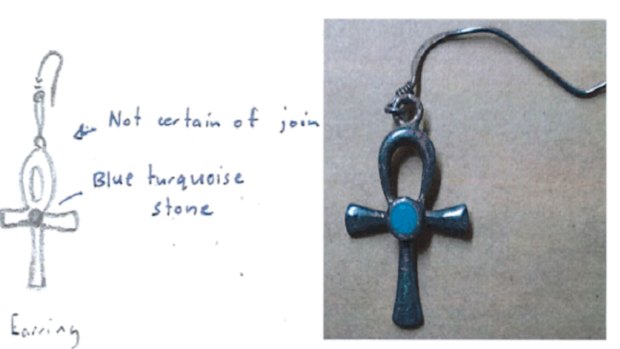 The earring sketch on the left and the actual earring found by police in the ute Wark was driving.