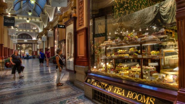 Cakes on display at the Hopetoun Tea Rooms in The Block Arcade.