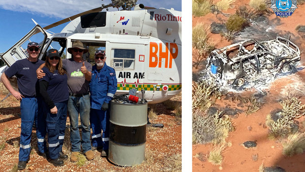 The husband and wife with the emergency service workers who saved their lives. 