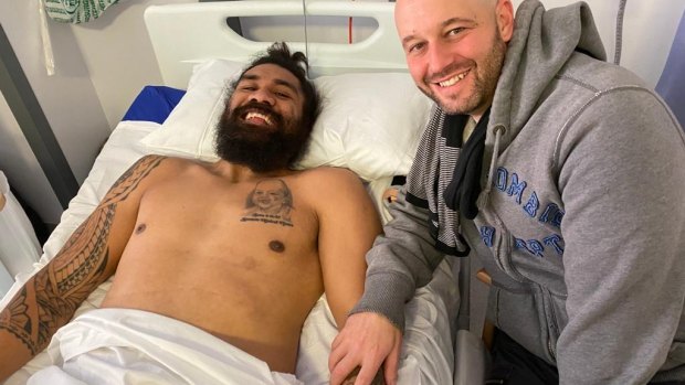 NRL chief executive Todd Greenberg visits Mose Masoe at Pinderfields Hospital in Wakefield.