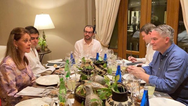 Mathias Cormann at dinner in Bogotá with the Colombian Vice-President Marta Lucia Ramirez.
