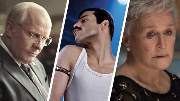 Oscar contenders: Christian Bale in Vice, Rami Malek in Bohemian Rhapsody and Glenn Close in The Wife.