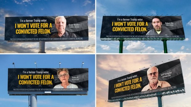 Billboards showing Republicans who have pledged to not vote for Donald Trump following his conviction in the hush money trial.  