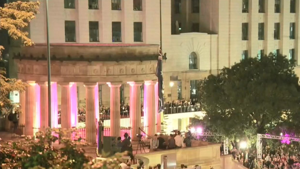 The Shrine of Remembrance and Eternal Flame during an Anzac Day Dawn Service in Brisbane.