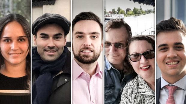 From left, Australians Camille Cross, Michael Mizon, Mitch Malady, Tony and Sandy Chamberlain and Rohan Watt will be voting in the UK on December 12.